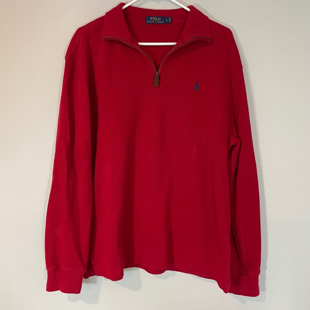 Polo Ralph Lauren Mens L Red Cotton Quarter Zip Pullover Sweater Patriotic